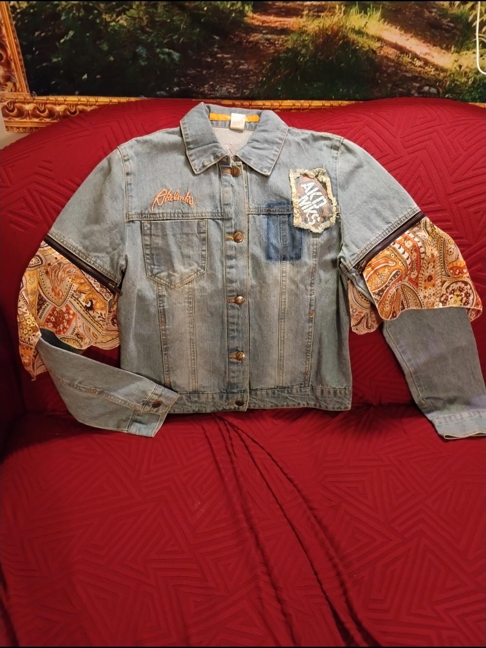 Denim akedmks Patchwork Jacket with Paisley detachable scarf Sleeve accent  1